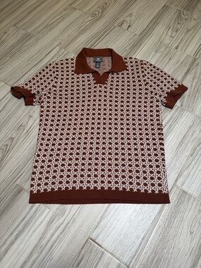 H&M Brown & Cream Geometric Knit Polo Shirt